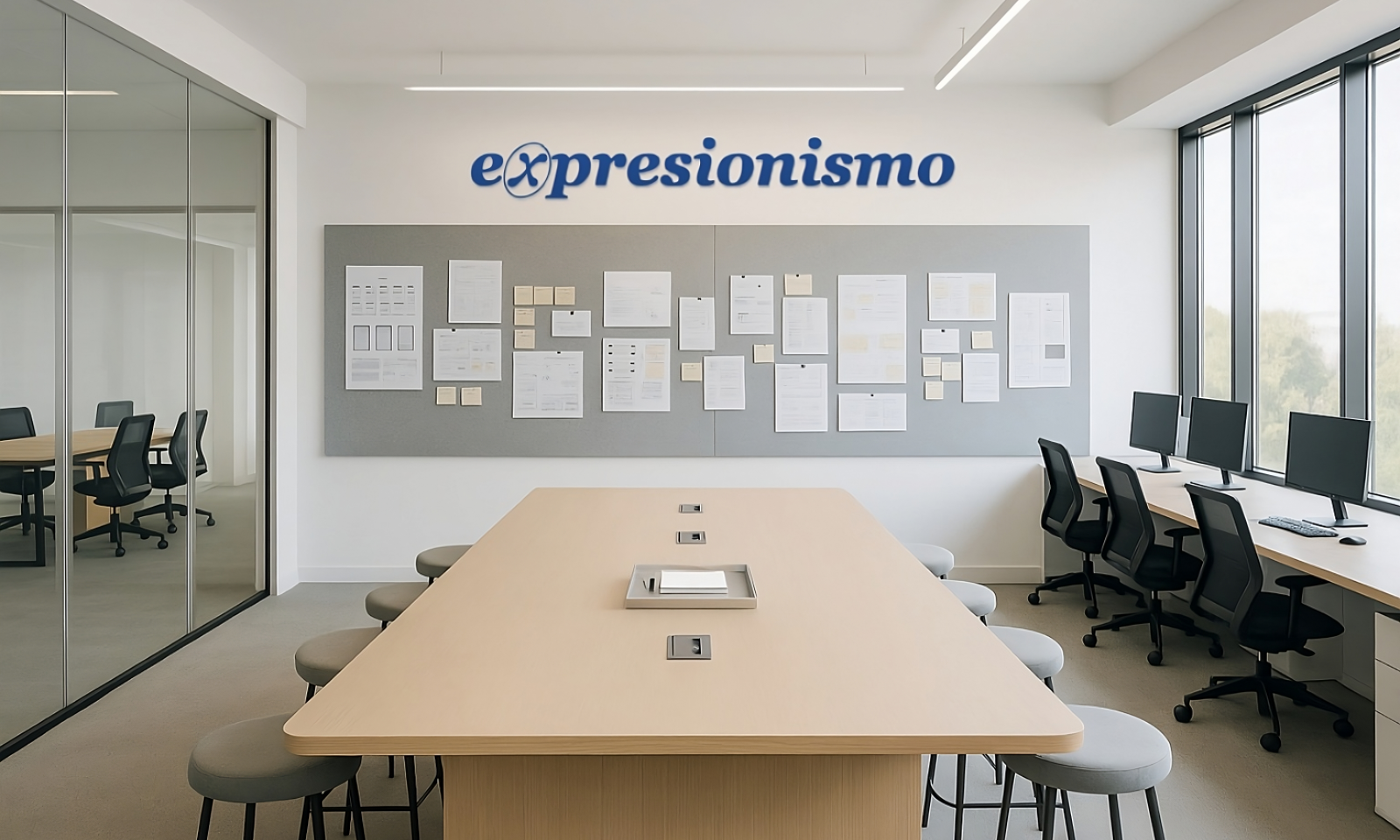 Sala de reuniones moderna de la agencia Expresionismo, con mesa central, sillas, panel de corcho con documentos y área de trabajo con ordenadores junto a ventanales.