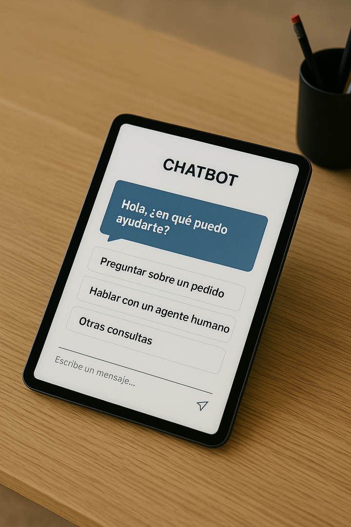 Tablet con interfaz de chatbot mostrando opciones de ayuda, sobre mesa de madera.