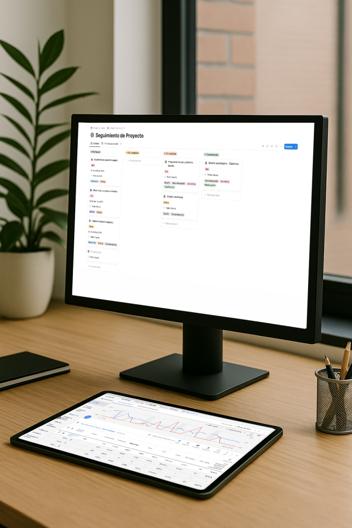 Monitor con un tablero de gestión de proyectos y tablet con panel de Google Ads sobre escritorio de oficina.