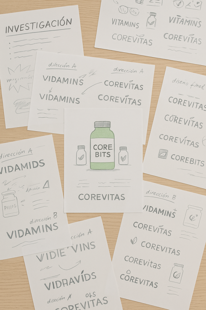 Bocetos y propuestas de nombres y logotipos para suplemento nutricional Corevitas sobre mesa de madera.