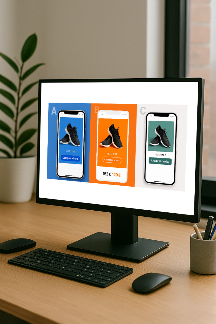 Monitor con prueba A/B de diseños publicitarios para zapatillas deportivas en tres variantes de color y CTA.