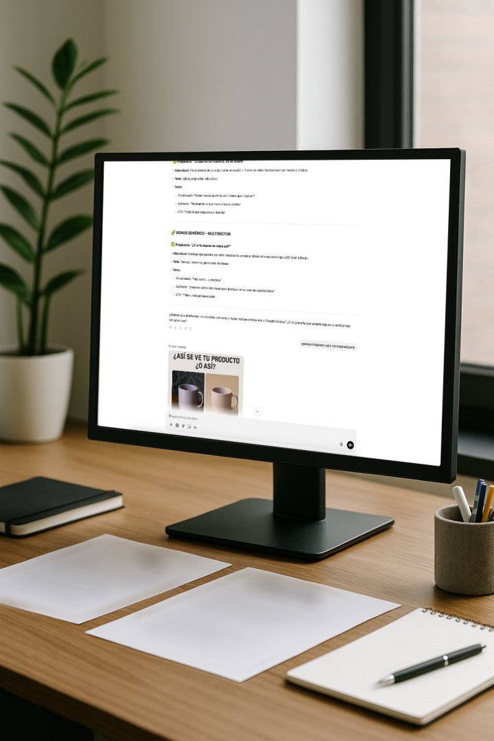 Monitor de escritorio mostrando un documento con ejemplos de redacción publicitaria, sobre un escritorio con cuadernos y papeles.