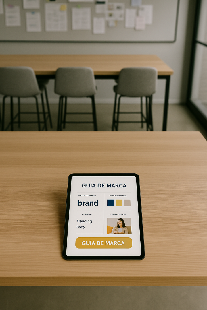 Tablet con guía de marca mostrando logotipo, paleta de colores y tipografía, sobre mesa en sala de reuniones.