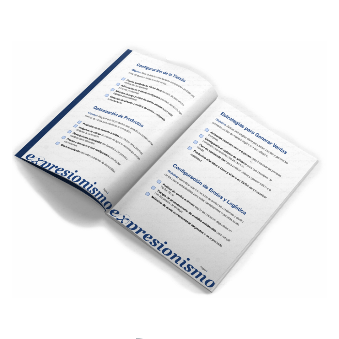 Mockup de una guía digital abierta con una checklist detallada, resaltando los pasos clave para configurar correctamente una tienda en TikTok Shop. 