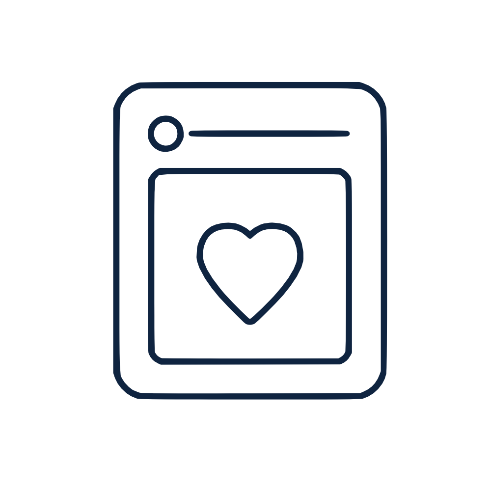 Icono de redes sociales con publicación y corazón en fondo oscuro