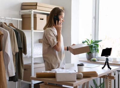 Vendedora en un almacén organizando pedidos mientras habla por teléfono, reflejando las oportunidades y ventajas que TikTok ofrece a los emprendedores.