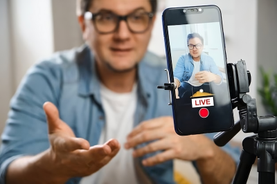 Creador de contenido transmitiendo en vivo con su smartphone, mostrando cómo los productos en TikTok Shop pueden volverse virales fácilmente.